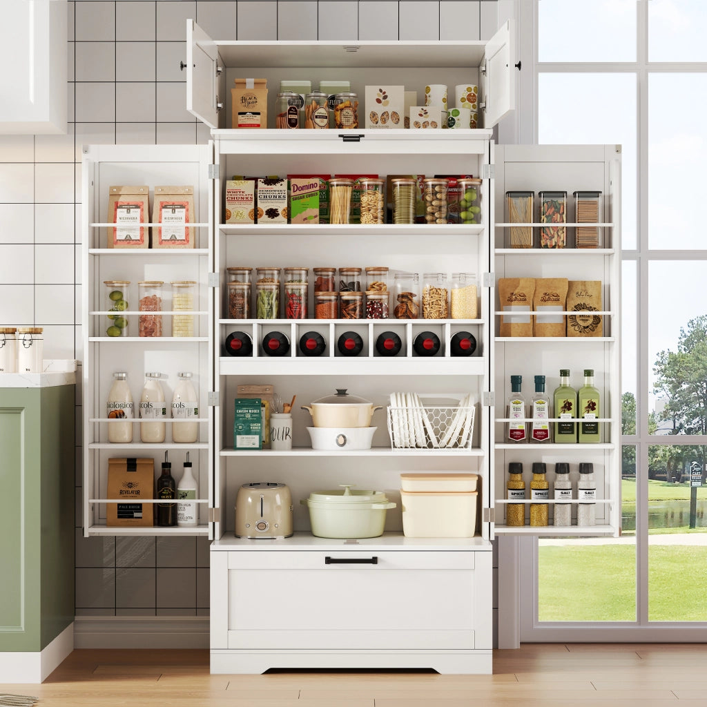 Dispensa alta con ripiani regolabili, 1 cassetto, 7 vani per bottiglie, per cucina e soggiorno, bianco 80 × 40 × 180 cm