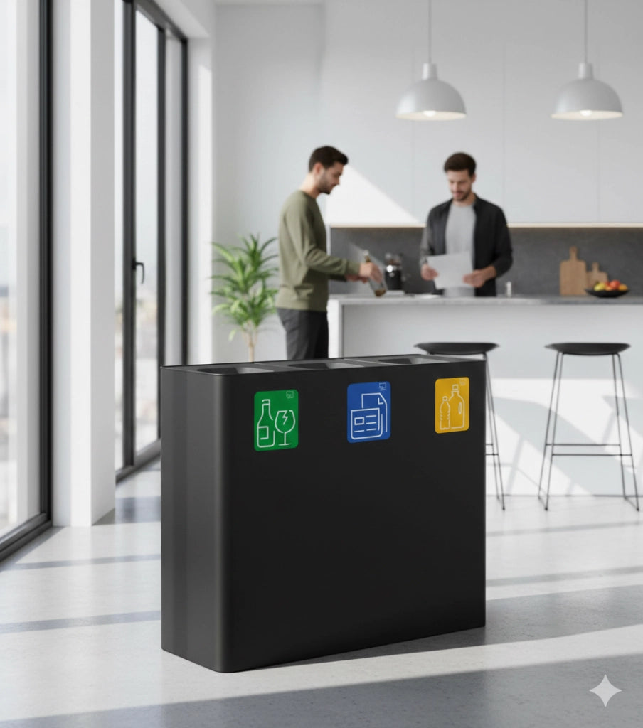 Pattumiera Sistema di Raccolta Rifiuti 90x30xh80 cm In Acciaio Verniciato 3 Scomparti Nero