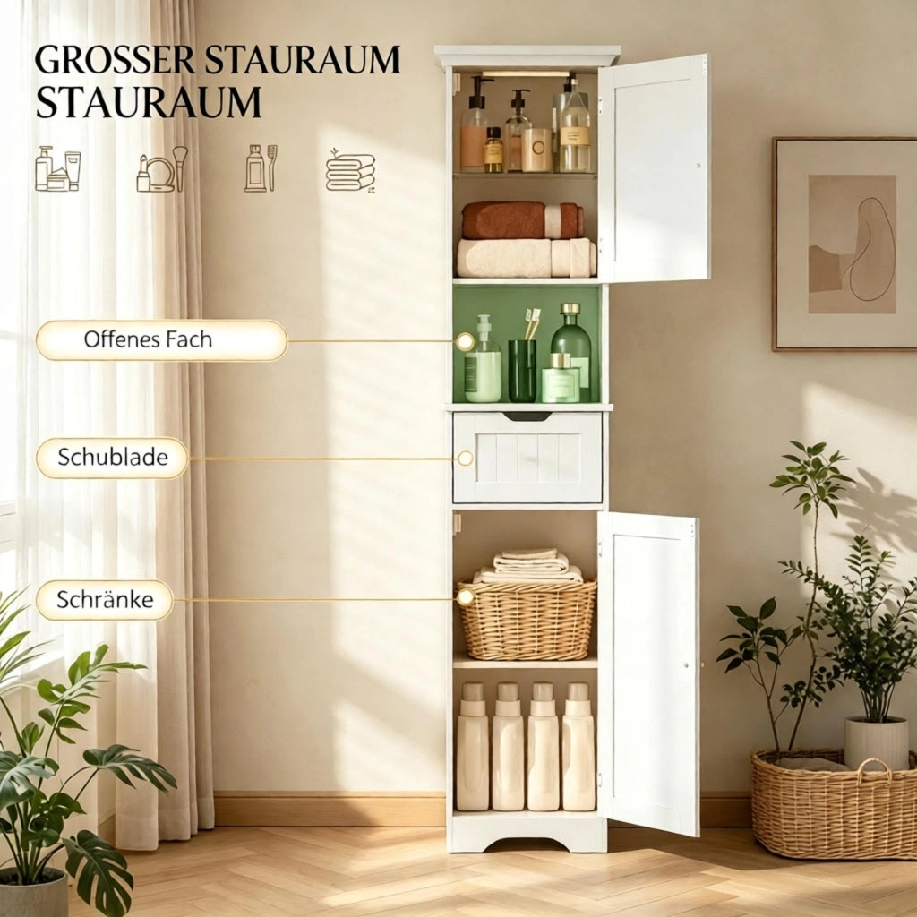 ARMADIO COLONNA BAGNO 40x30x170 cm Bianco in MDF con LED, 2 ante e cassetto