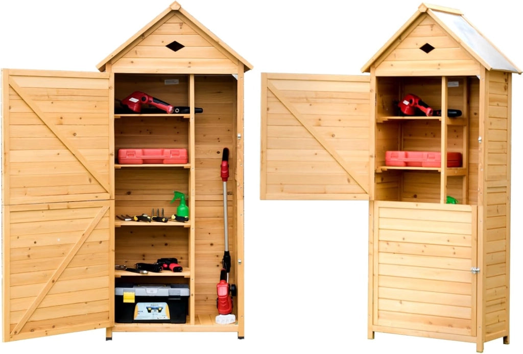 Armadio da Esterno in Legno, Casetta da Esterno con Ante, Ripiani Rimovibili, Serrature e Tetto Inclinato, Armadietto Versatile da Giardino, Balcone e Cortile (80 x 45 x 177 cm)