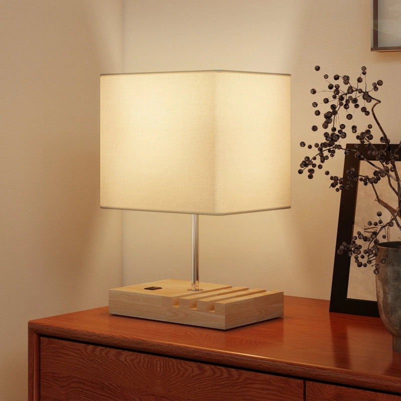 Lampada da comodino, porte USB, legno, tessuto, interruttore a bilanciere, vani portaoggetti, bianco