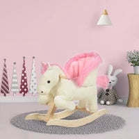 Cavallo a Dondolo Bianco e Rosa con Suoni e Struttura in Legno di Pioppo per Bambini 18-36 Mesi, 70x28x57cm