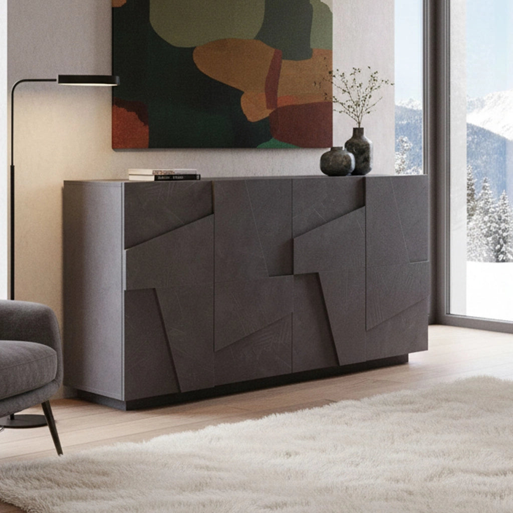 Credenza moderna a 4 Augusto, Made in Italy, Madia da cucina, Buffet di design da soggiorno, cm 162x44h86, Grigio Cenere