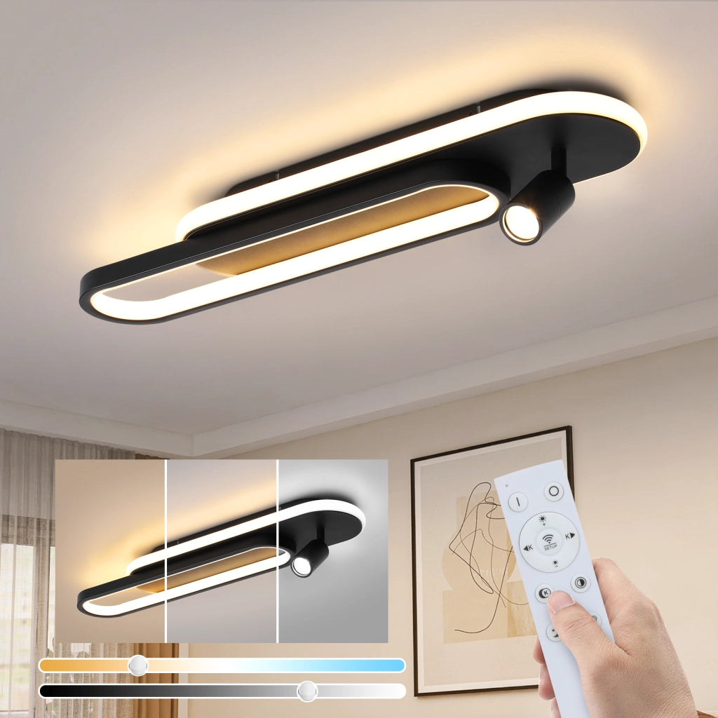 ZMH Lampada da soffitto plafoniera LED 46W nera dimmerabile con 1 faretto telecomando per soggiorno