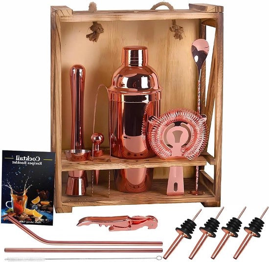 Set di shaker per cocktail - Set di barista per uso domestico - 6 pezzi - Rosso oro - Legno di bambù