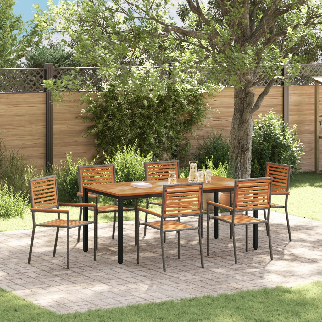Set da Pranzo Giardino 7 Pezzi Grigio in Rattan Sintetico e Acacia
