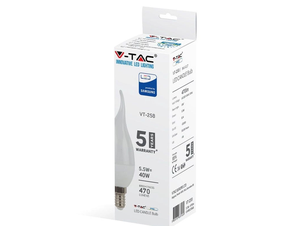 Lampada A Led E14 CF37 5,5W Forma Candela Fiamma Colpo Di Vento SKU-117, Disponibili 3000K 4000K 6400K (Bianco Freddo 6500K)