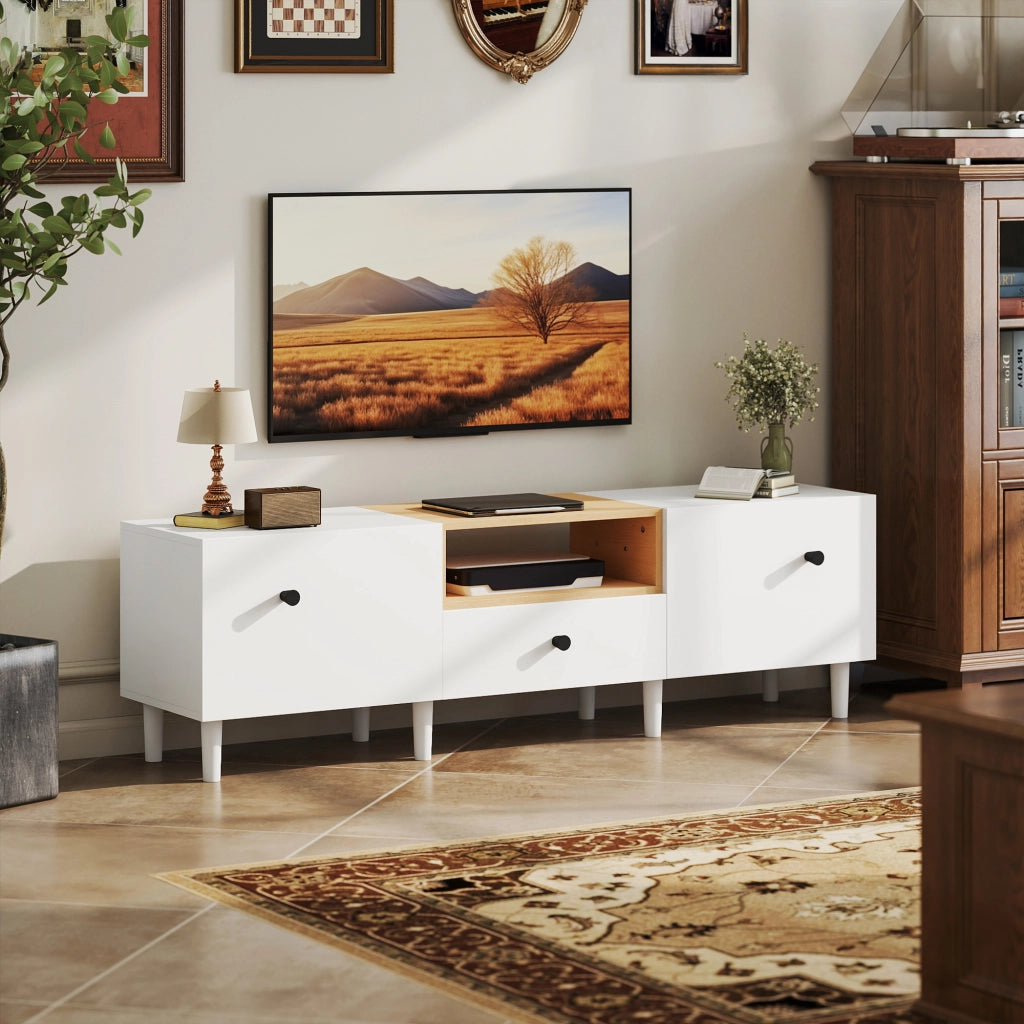 Mobile TV 70" Max con 2 Ante a Ribalta Cassetto e Scaffale Aperto 150x35x45 cm in Legno Bianco e color Legno