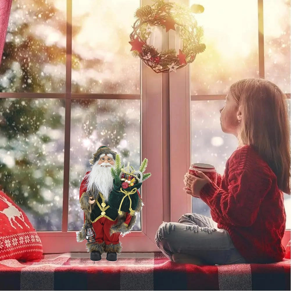 Statuina Babbo Natale Addobbo Statuetta 60cm Vestiti in Tessuto e Sacco Natalizio