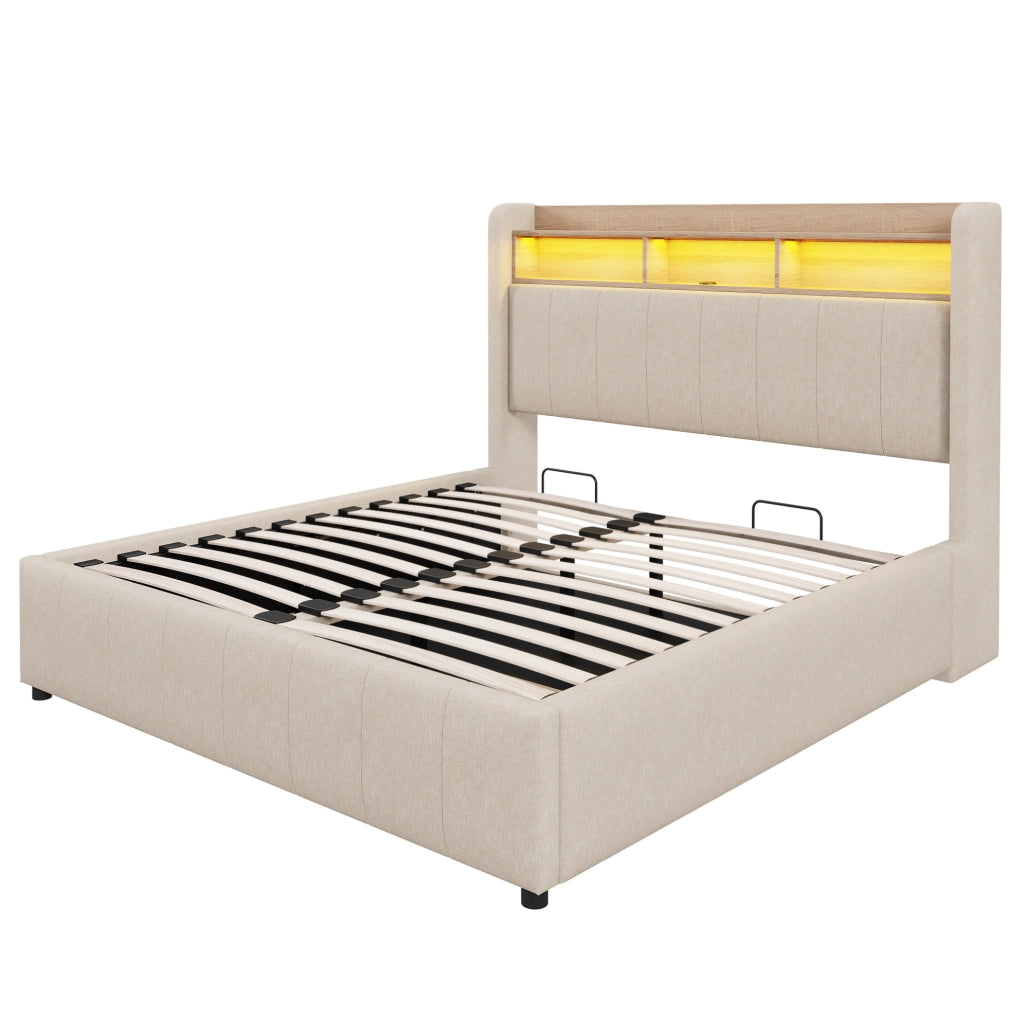 Letto matrimoniale imbottito 160x200 cm in tessuto effetto lino beige con LED; USB e contenitore