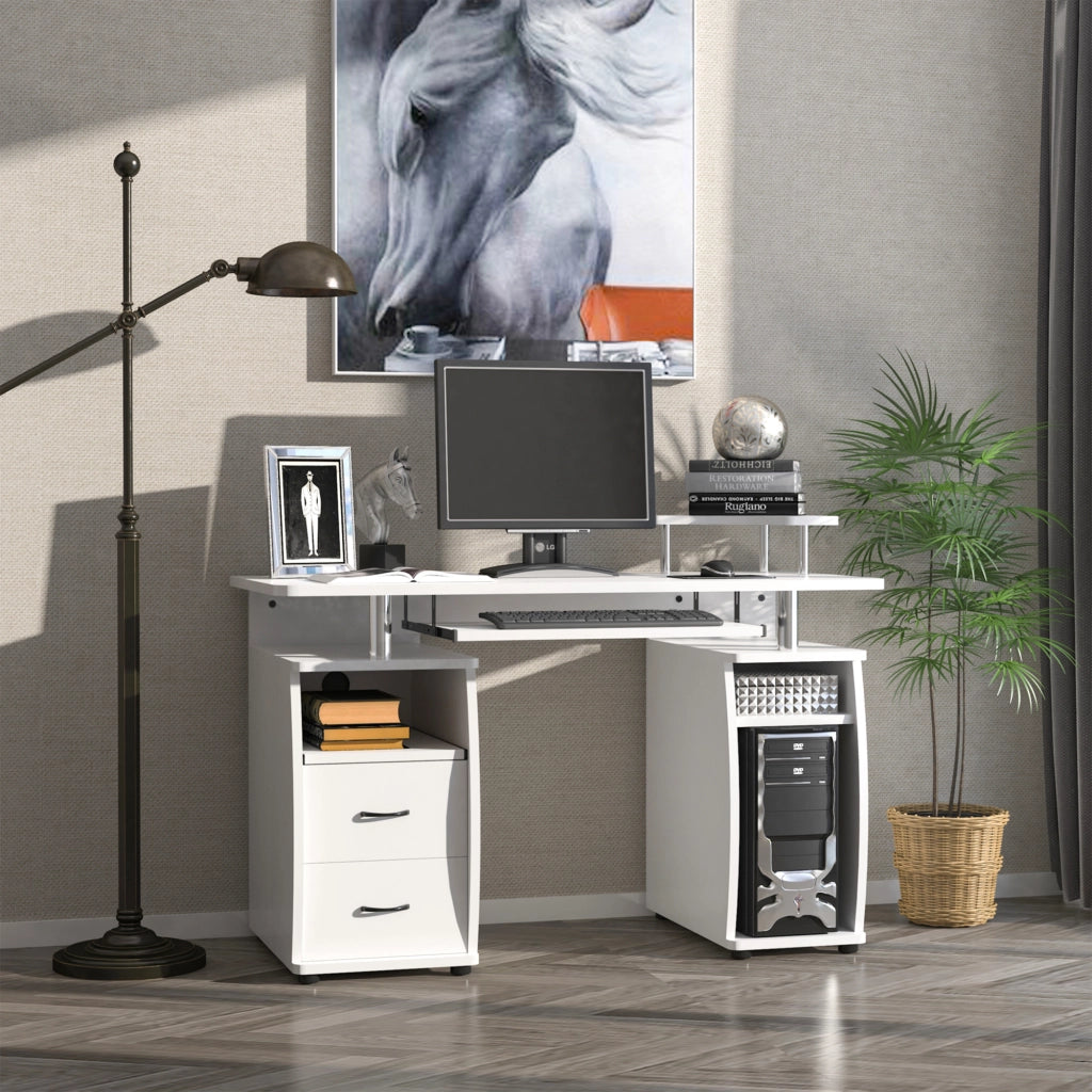 Scrivania per PC con Ripiano per Tastiera e per Monitor e 2 Cassetti, 120x55x85 cm, Bianca