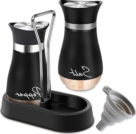 Set di macinacristallo con fondo di vetro - contenitore di sale - macinacarne - set di accessori da cucina - macinacarne - macinacristallo - macinacristallo e sale - supporto - vetro - acciaio inossidabile - cucina - barbecue.