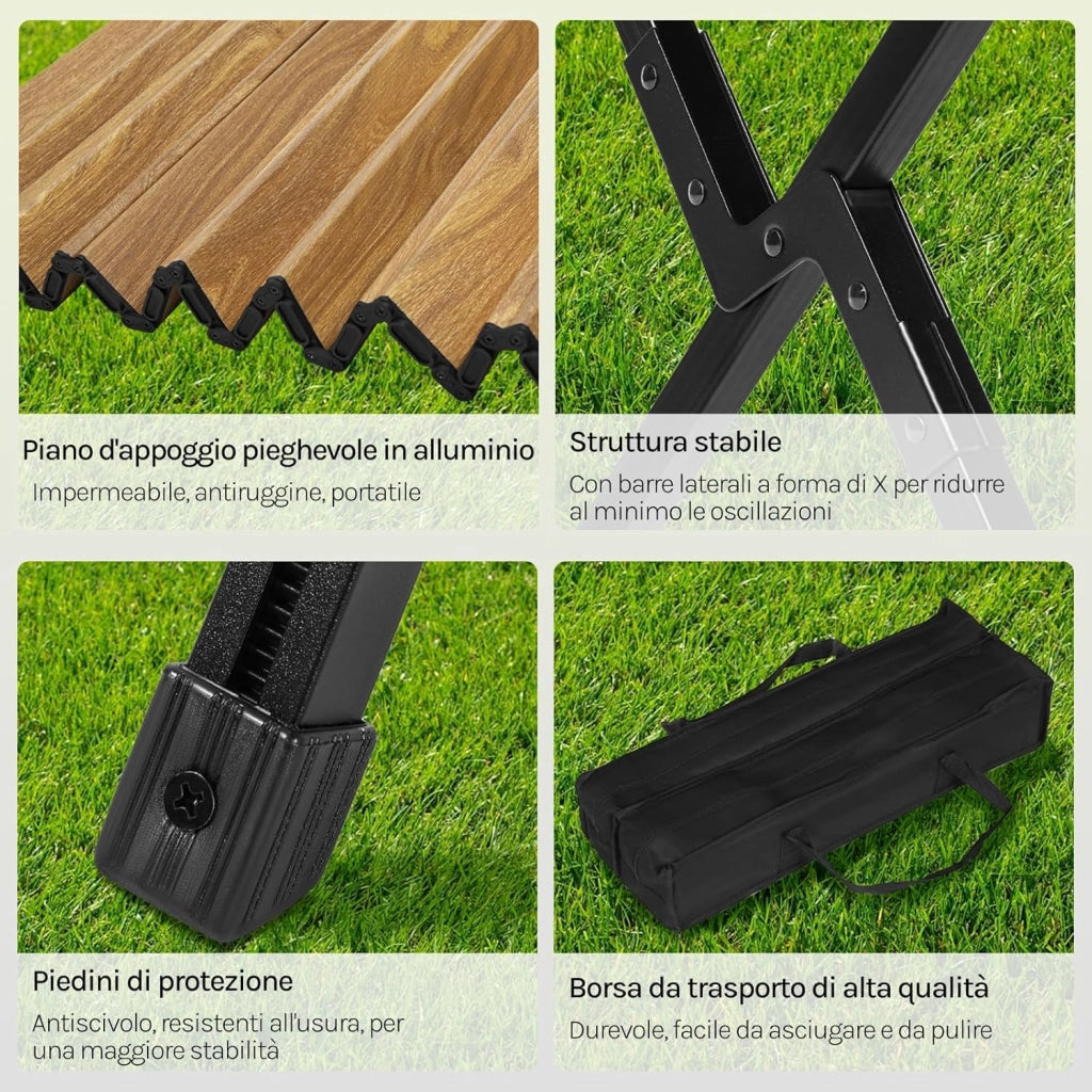 Tavolo da Campeggio Pieghevole Leggero, Tavolo da Esterno Portatile, Altezza Regolabile, Tavolo da Giardino con Piano Arrotolabile in Alluminio, Borsa Portaoggetti, Carico 50kg, Rovere Chiaro