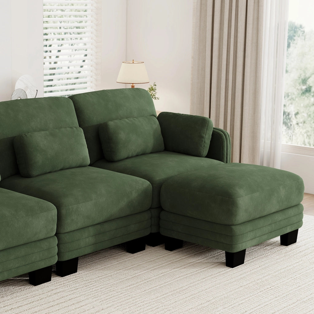 Divano modulare in chenille verde 176x143x88 cm con pouf e cuscini mobili