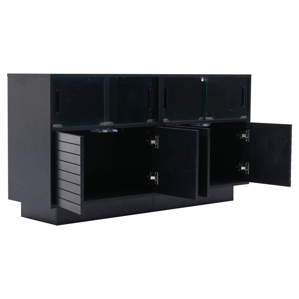 Credenza con 4 Ante Scorrevoli in Vetro e LED; Stile Industriale Moderno; in Pannello Truciolare; 130??35??68 cm; Nero