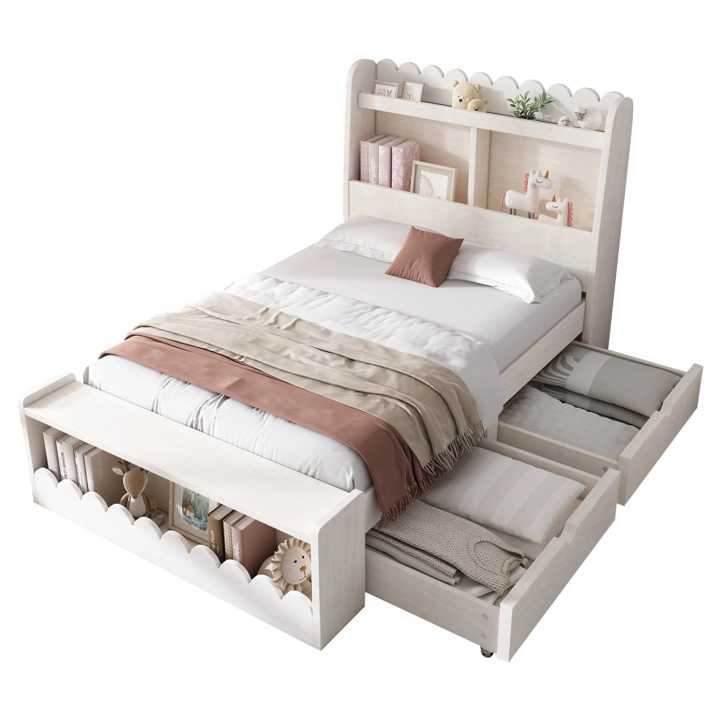 Letto singolo 90x190 cm con cassetti, mensole e contenitore, struttura in legno, bianco e rovere