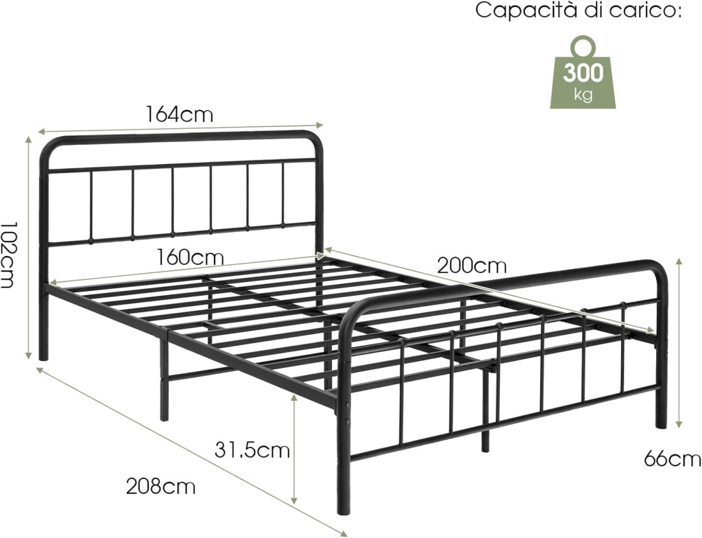 Struttura del Letto in Metallo, Telaio da Letto con Testiera e Pediera, Piattaforma Letto con Doghe in Acciaio, Carico Massimo 300kg (200cm x 160cm)