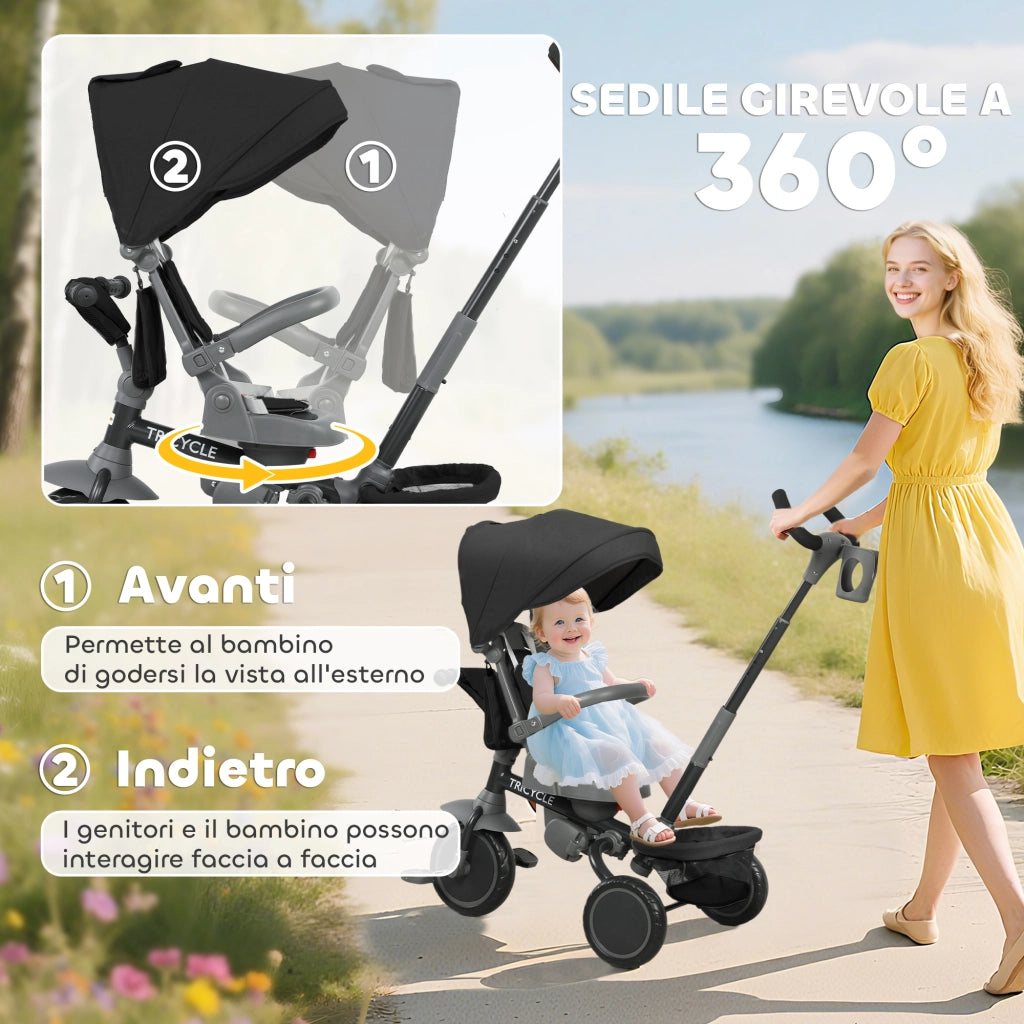 Triciclo per Bambini 6 in 1 111,5x52x98 cm Pieghevole con Sedile Girevole Nero