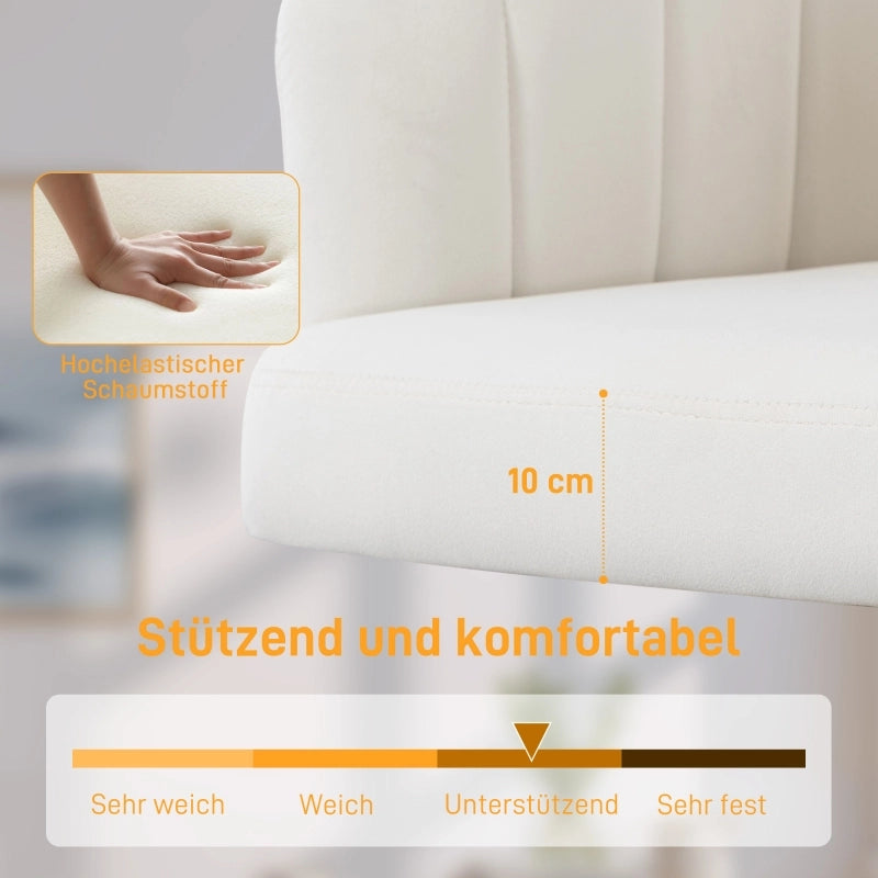 Sedia da ufficio in velluto con altezza regolabile, rotelle girevoli e schienale imbottito, bianco crema
