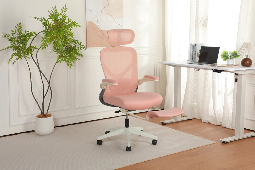 Sedia da ufficio ergonomica pieghevole con poggiatesta 3D e supporto lombare in mesh rosa 65 × 61 × 40.5 cm