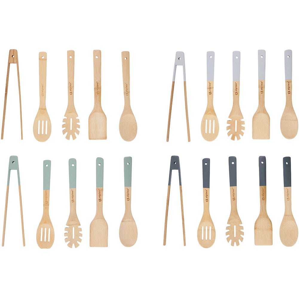 Set 5 Utensili da Cucina in Bambù Lunghezza 30 cm Antigraffio Colori Assortiti