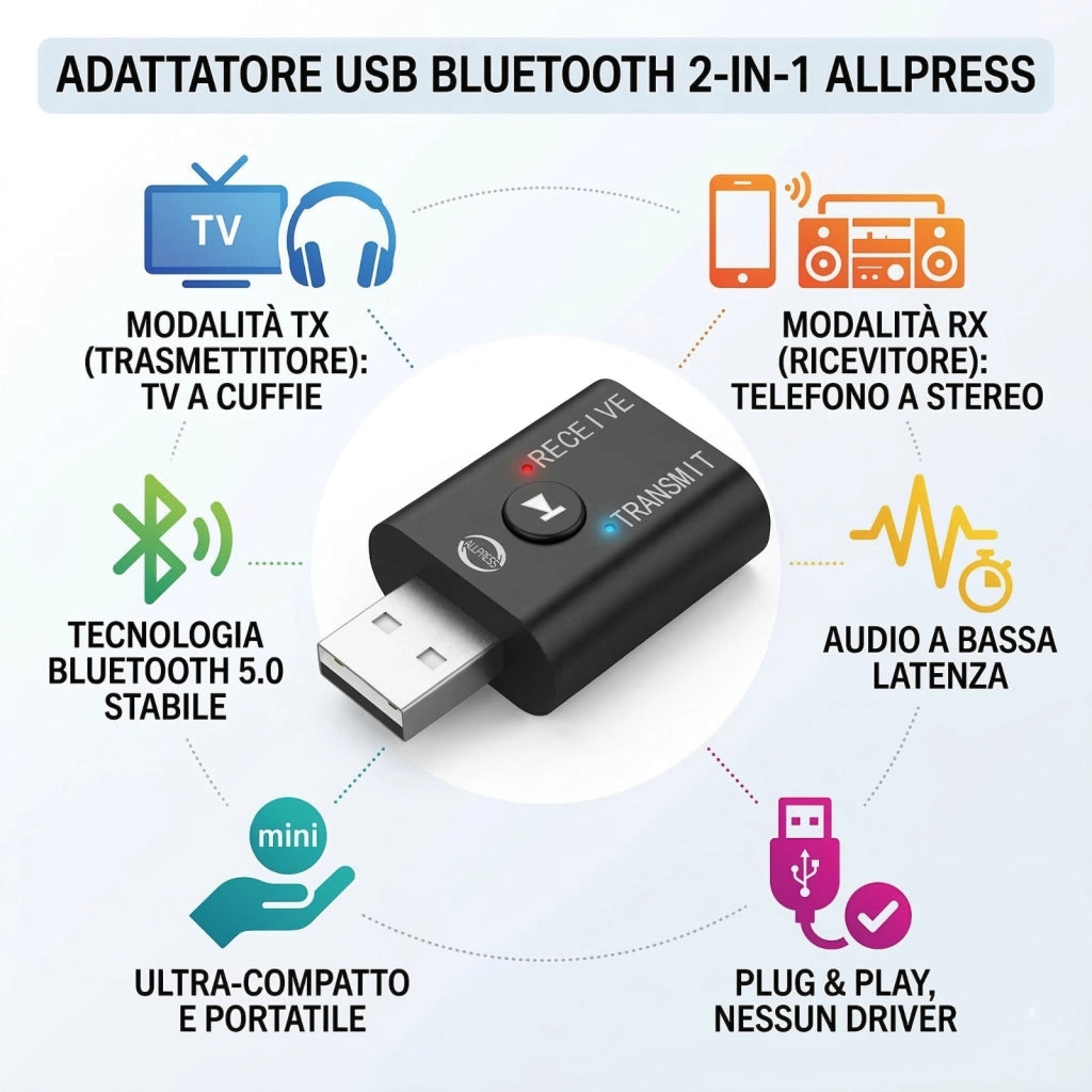 ADATTATORE USB BLUETOOTH 5.0 TRASMETTITORE RICEVITORE AUDIO PC TV AS-08127