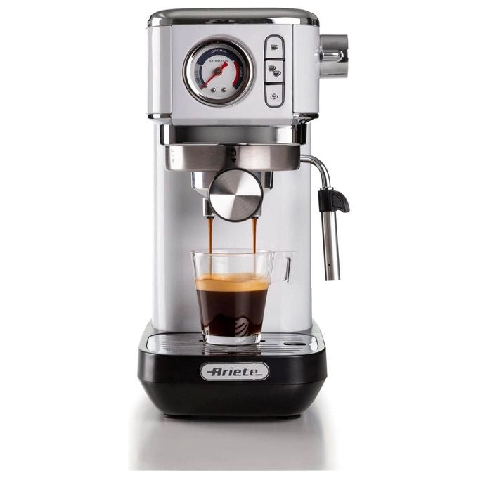 Ariete 1381 Macchina da caffè con manometro, compatibile con caffè in polvere e cialde ESE, 1300 W, Capacità 1,1 L, 15 bar di pressione, Filtro ½ tazze, Dispositivo Cappuccino, Bianco