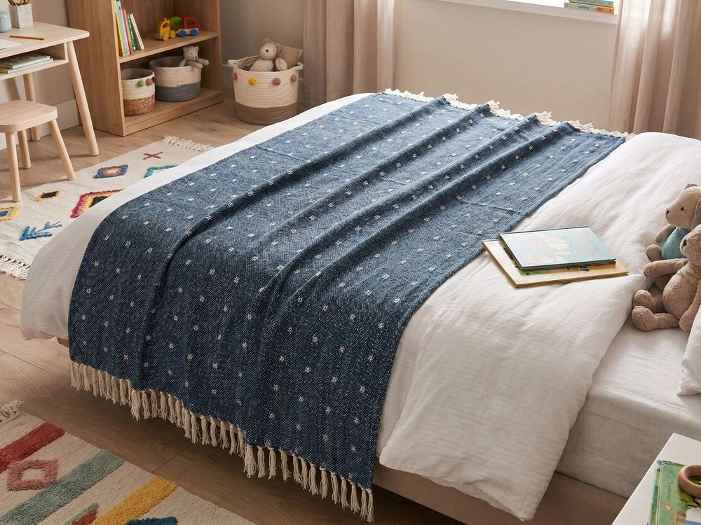 Coperta in cotone acrilico blu scuro 130 x 170 cm motivo astratto nappe boho soggiorno camera da letto