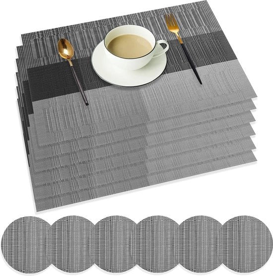 Set di 6 placemats in PVC, grigio, antiscivolo, lavabili, resistente al calore, dimensioni 45 x 30 cm, per cucina, tavola da pranzo, bambini