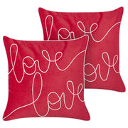 Set di 2 cuscini in velluto di cotone rosso fatto a mano con ricamo di scrittura quadrato 45 x 45 cm sfoderabile con imbottitura