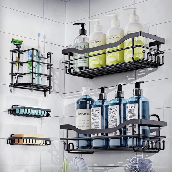 Set di 5 Cestini per Doccia Organizzatori per Bagno Placca Autoadesiva per Magazzino - 304 Inox Doccia senza Forare per Bagno Organizzatore per Doccia Organizzatore per Cucina (Nero)