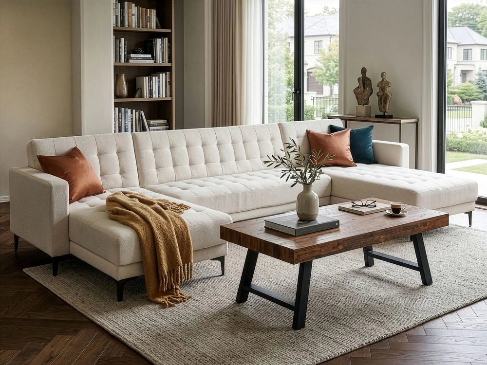 Divano letto ad angolo in tessuto trapuntato tessuto bianco sporco moderno a forma di U componibile a 5 posti con chaise longue
