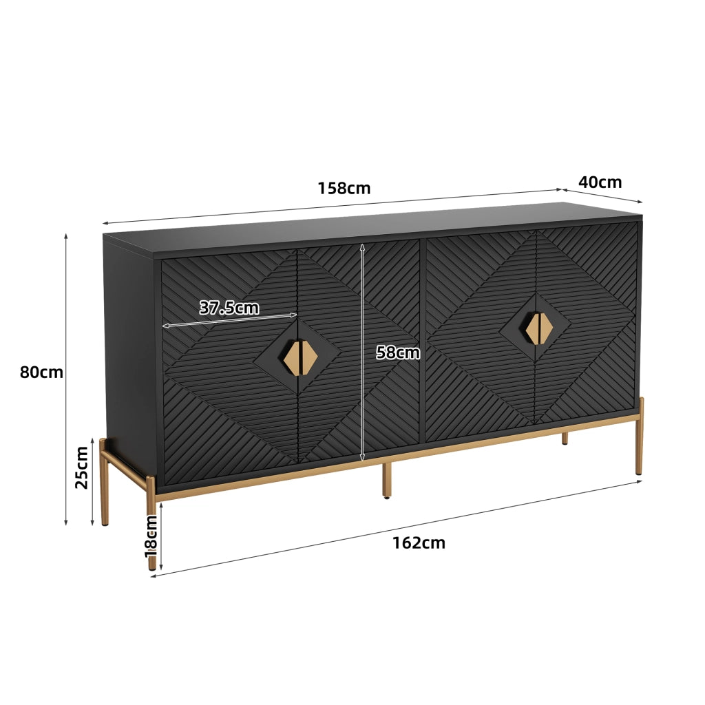 Credenza con 4 Ante e Gambe in Metallo; Motivo Geometrico 3D; Stile Moderno; in MDF; Nero; 162??40??80 cm