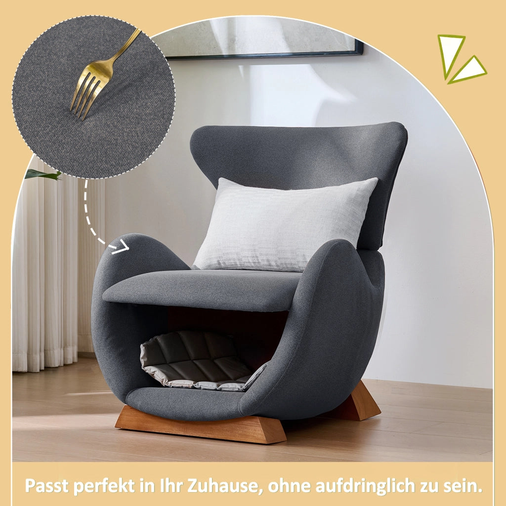 OKWISH Poltrona Lounge con Nicchia Integrata per Gatto e Cane di Piccola Taglia, Tessuto Resistente ai Graffi, Legno e Tessuto, Grigio