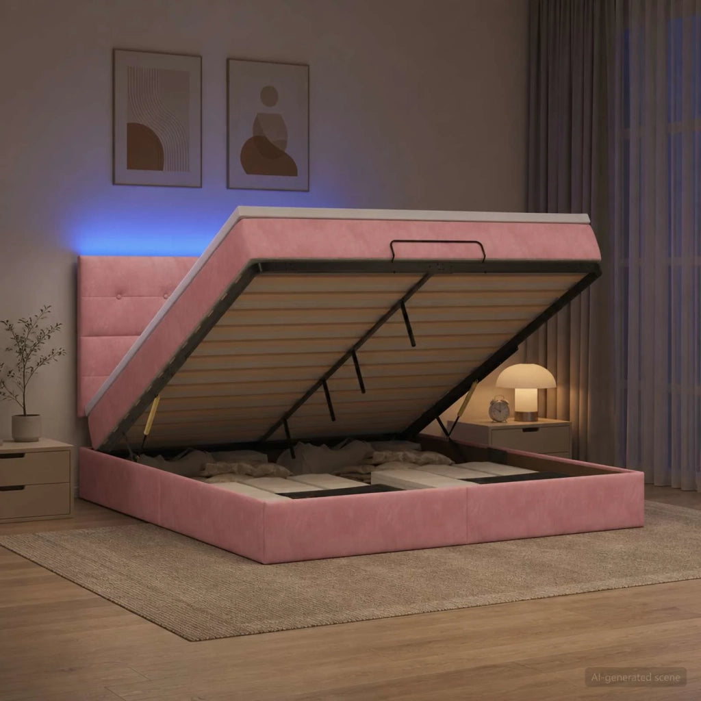 Letto Ottomano con Materasso e LED Rosa 140 x 190 cm Velluto 3458306