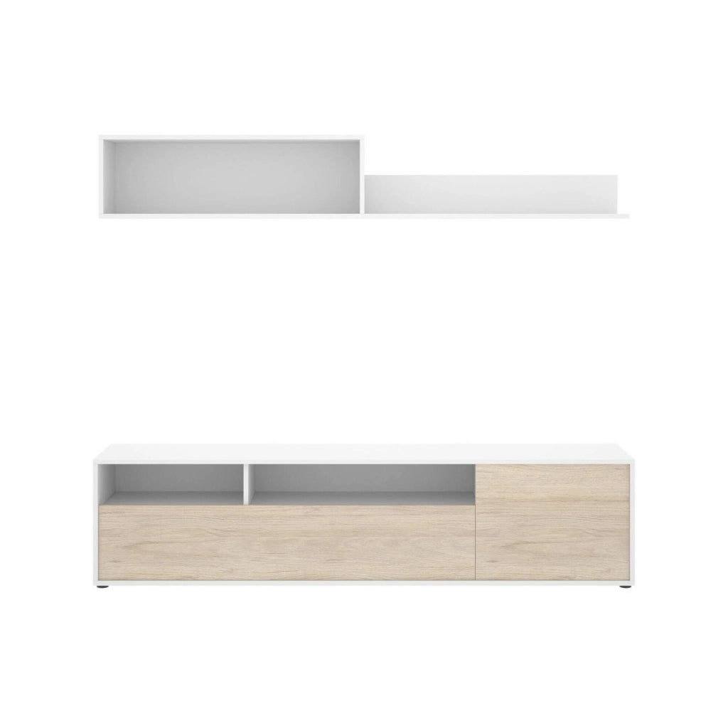 Parete attrezzata Jelawat, Composizione soggiorno, Mobile salotto multiuso, Armadio porta TV, 180x35 h44 cm, Bianco e Rovere