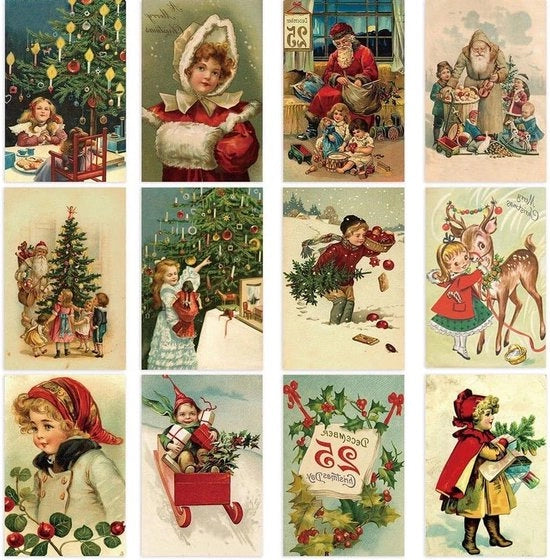 Set di Carte Natalizie Vintage, 12 pezzi di carte natalizie con tema invernale - Babbo Natale e design antico - Ideale per auguri di Natale - Incluso messaggio di auguri per regalo.