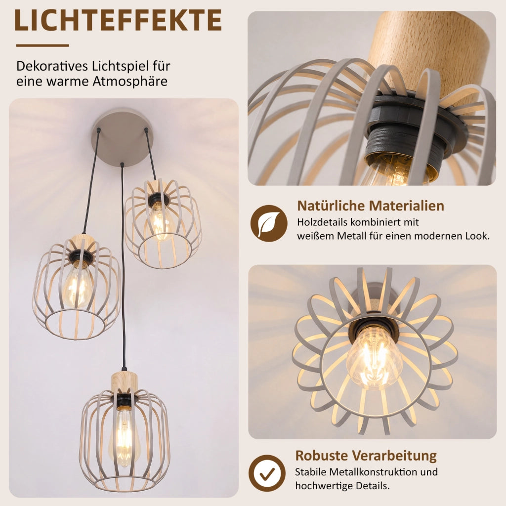 ZMH Lampada a Sospensione 3 Luci Grigio Legno Rotonda E27 Moderna per Soggiorno Cucina Isola Corridoio Senza Lampadina