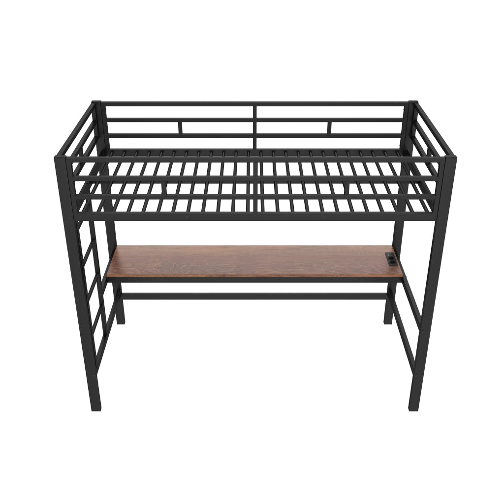 Letto a soppalco singolo 90×200 cm con scala; scrivania; LED; USB e Type-C; senza materasso; metallo; nero