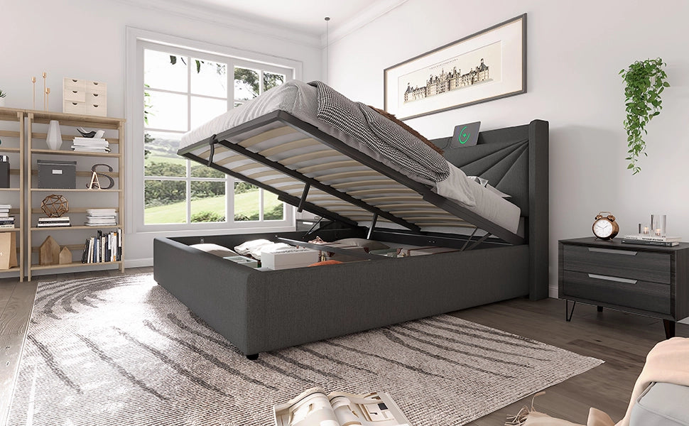 DESMIU Letto contenitore letto matrimoniale 140 × 200 cm con USB, Type-C e vano contenitore, senza materasso, grigio