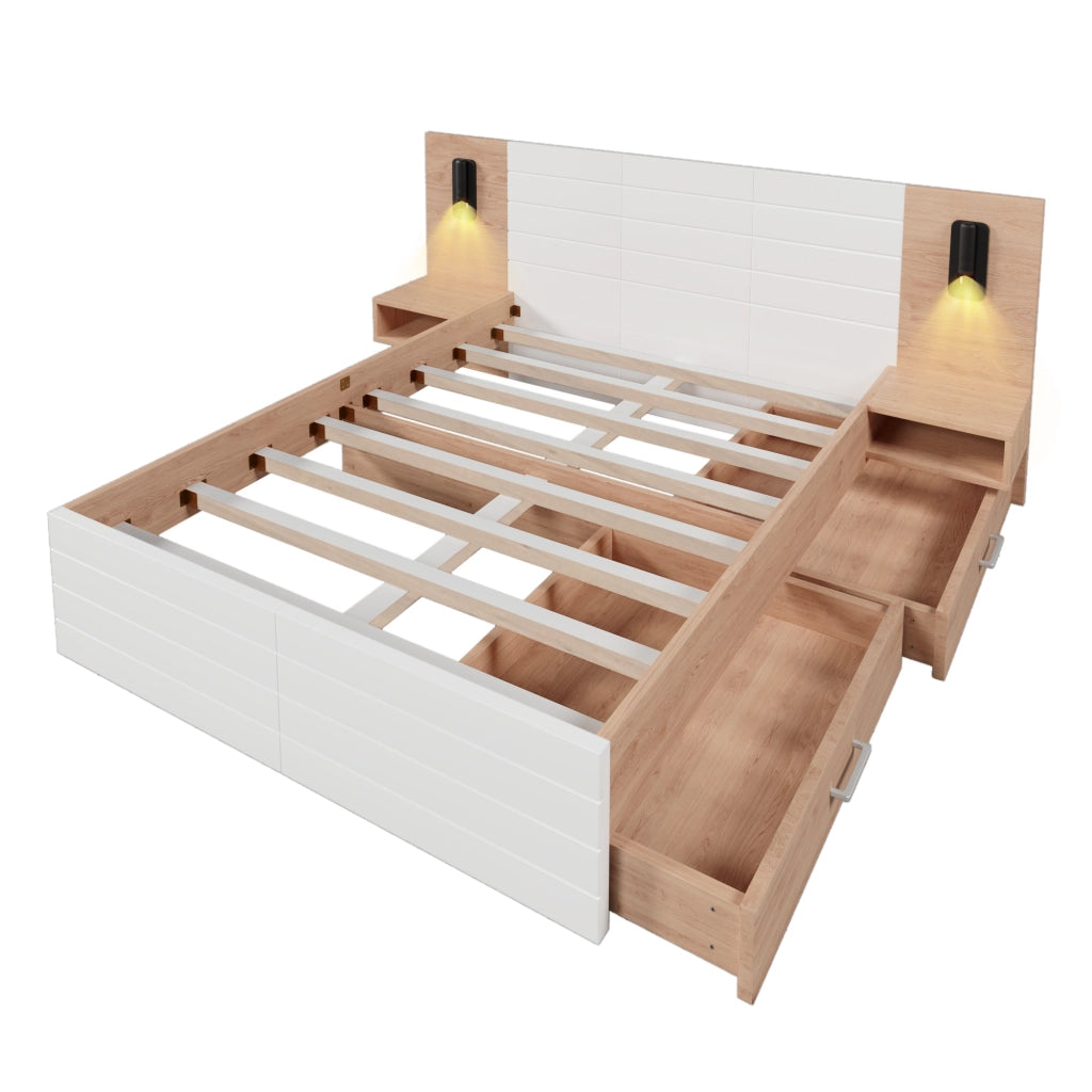 Letto matrimoniale 160x200 cm con 2 cassetti, luce lettura, USB e rete a doghe, bianco/rovere