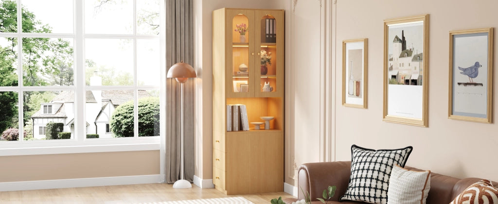 Libreria alta con 3 cassetti e vetrina in vetro temperato con LED per studio e soggiorno in MDF rovere 60 × 40 × 200 cm