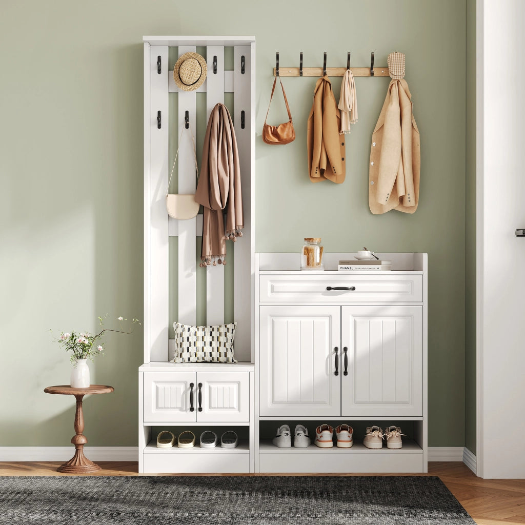 Mobile ingresso con 4 Ante; 1 Cassetto e 8 Ganci; con Panca Scarpiera; Stile Moderno; in Pannelli; Bianco; 125??36??190 cm