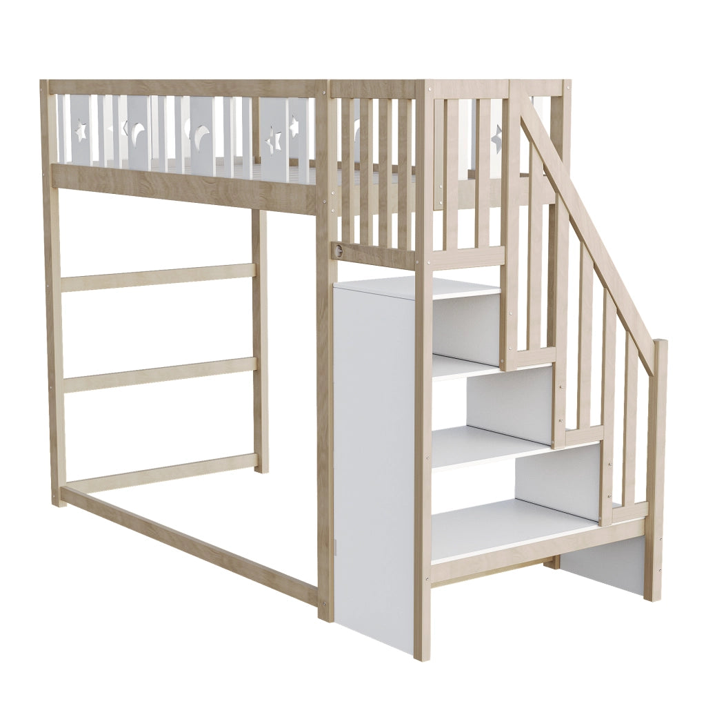 Letto a soppalco per bambini 90x200 cm in legno massello; con scala e ripiani; bianco/naturale