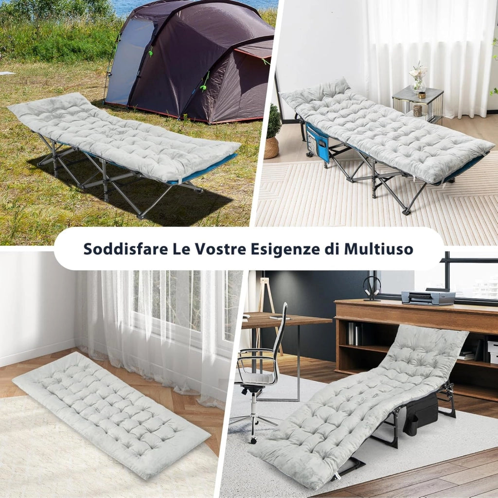 Cuscino per Sdraio, Cuscino Spesso da 190 x 70 x 7 cm con 4 Cinghie di Fissaggio, Tasca per Fissare al Letto, per Lettino da Campeggio, Vacanze in Campeggio (grigio)