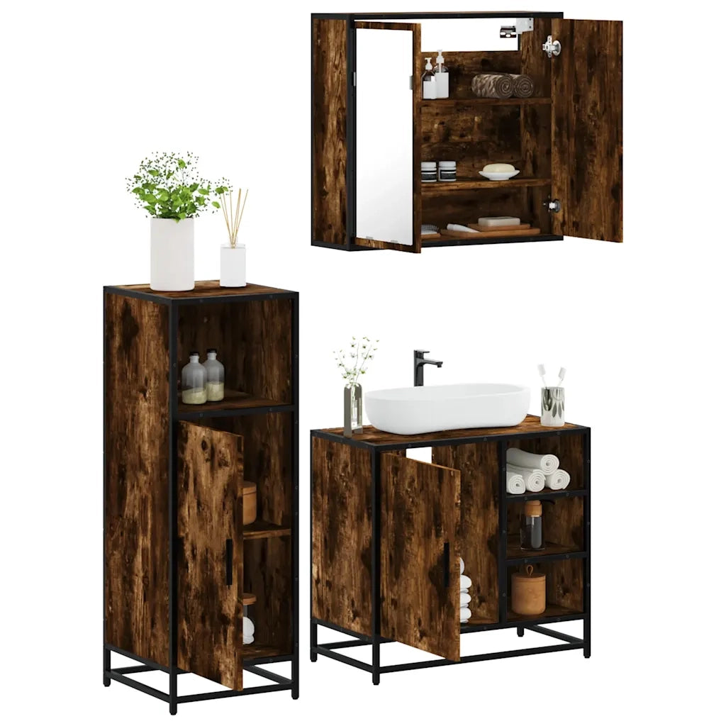 Set Mobili da Bagno 3 pz Rovere Fumo in Legno Multistrato