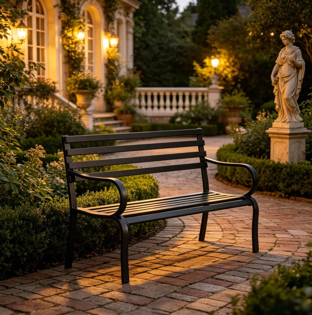 Panca da giardino in metallo nero 127x58x82 cm; 2 posti con braccioli