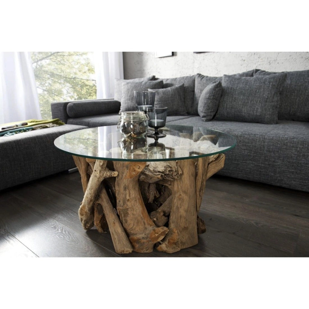 Tavolino basso rotondo ARBOREA 60 cm – Tavolino basso in legno di teak con piano in vetro temperato