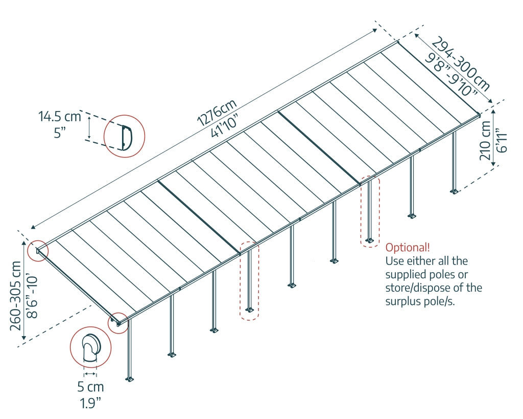 Pergola Addossata in Alluminio  3X12.7 m colore Grigio - Canopia Feria