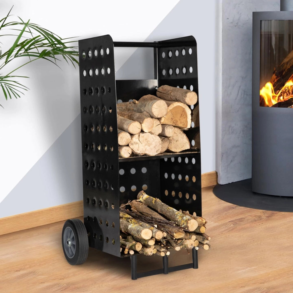 Carrello porta legna da ardere in acciaio nero 40x40x100 cm per il camino